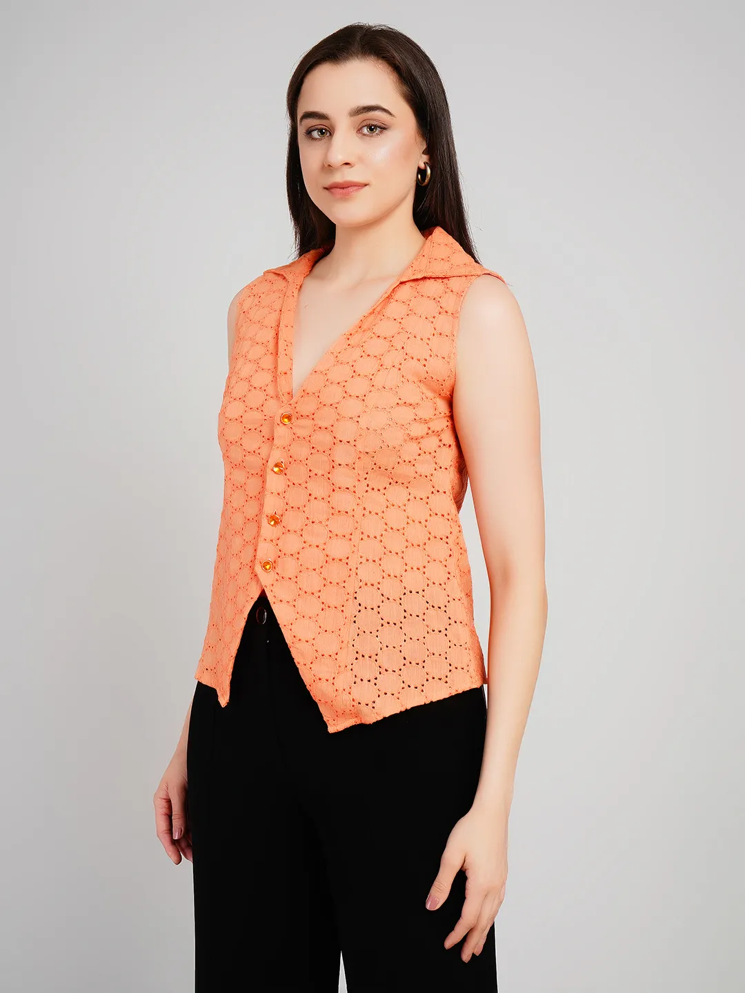 Women Peach Eyelet Cotton Sleeveless Shirt with Contrast Buttons