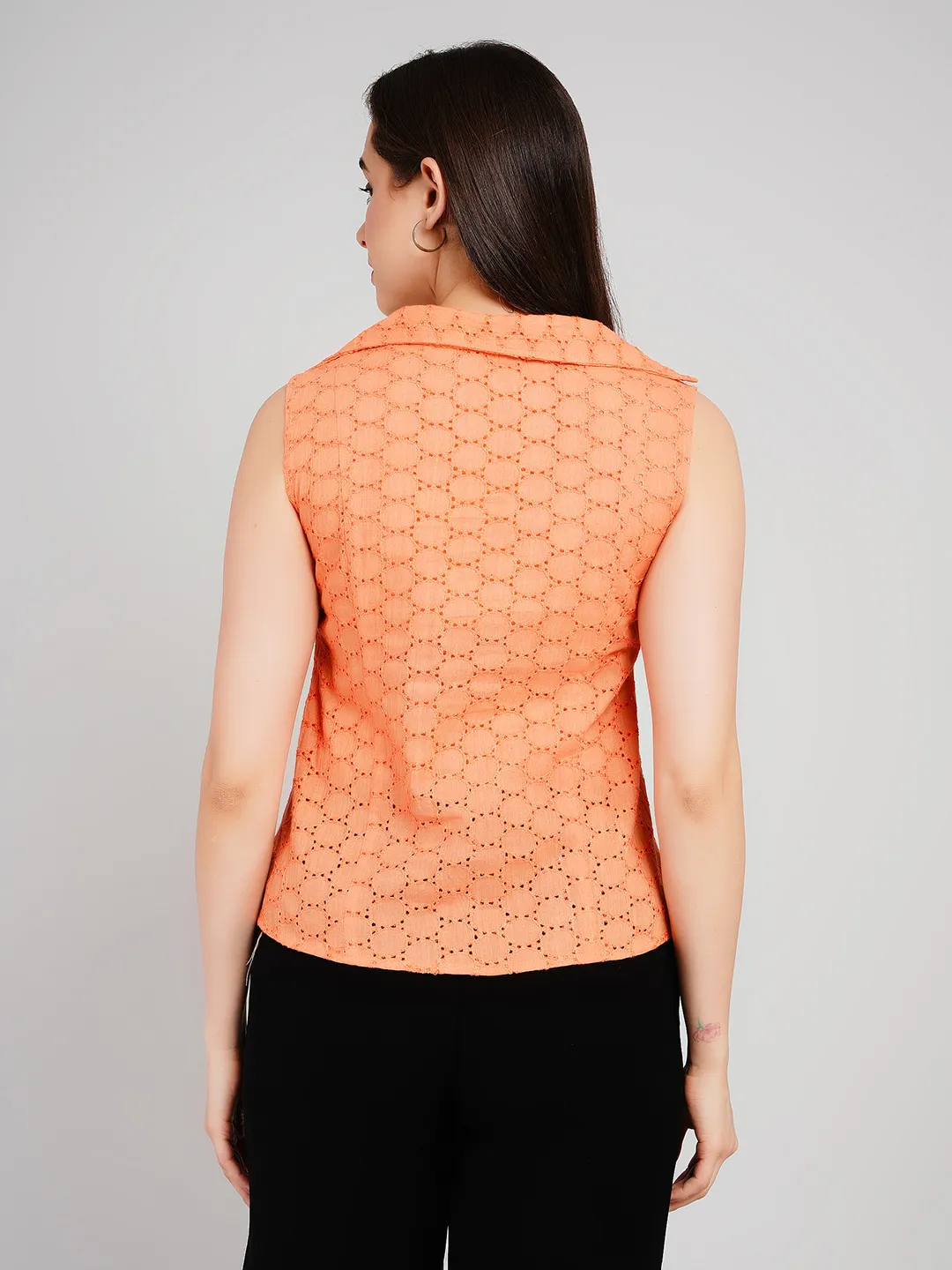 Women Peach Eyelet Cotton Sleeveless Shirt with Contrast Buttons