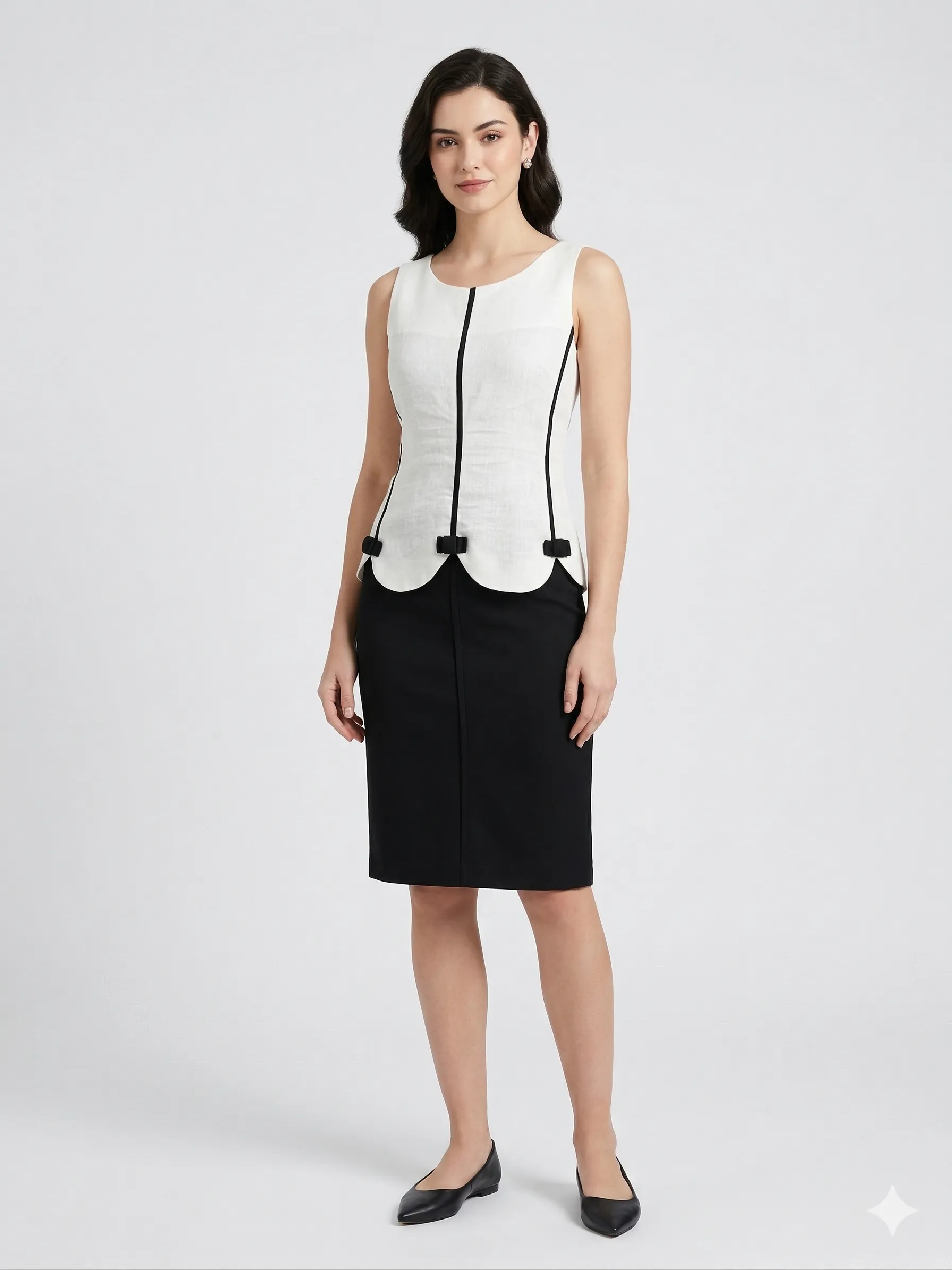 Women White & Black Sleeveless Top with Scalloped Hem and Bow Detail