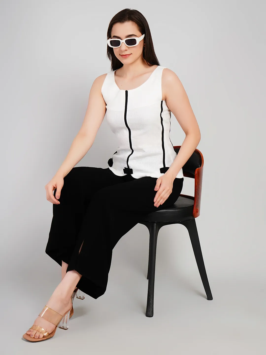 Women White & Black Sleeveless Top with Scalloped Hem and Bow Detail