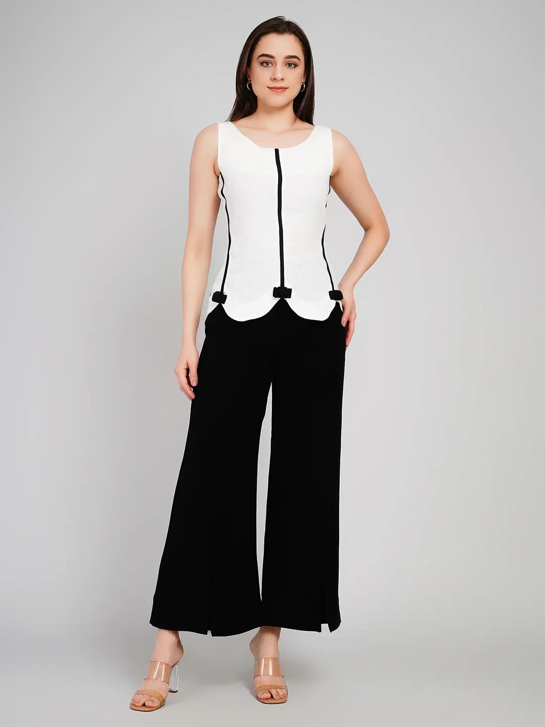 Women White & Black Sleeveless Top with Scalloped Hem and Bow Detail
