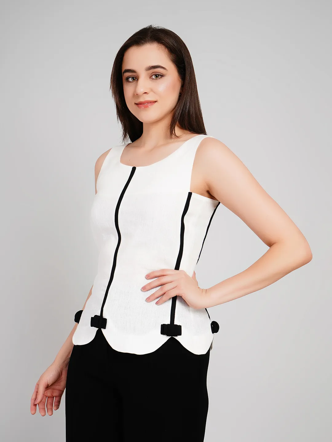 Women White & Black Sleeveless Top with Scalloped Hem and Bow Detail