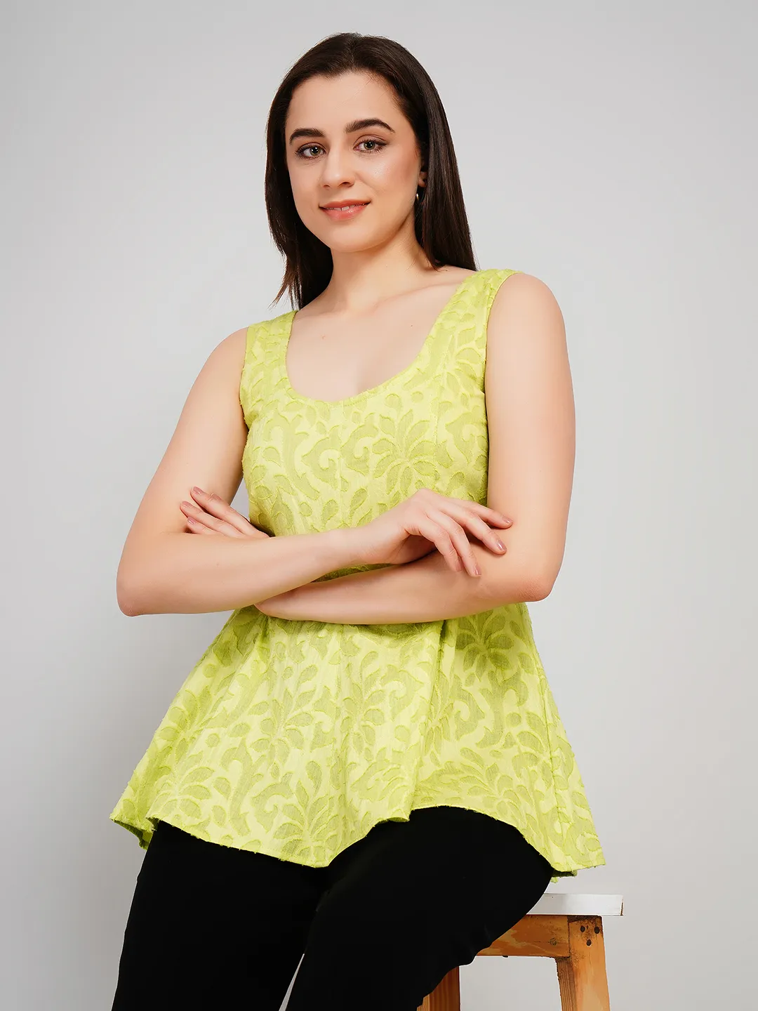 Women Lime Green Floral Jacquard Sleeveless Tunic with Flared Hem