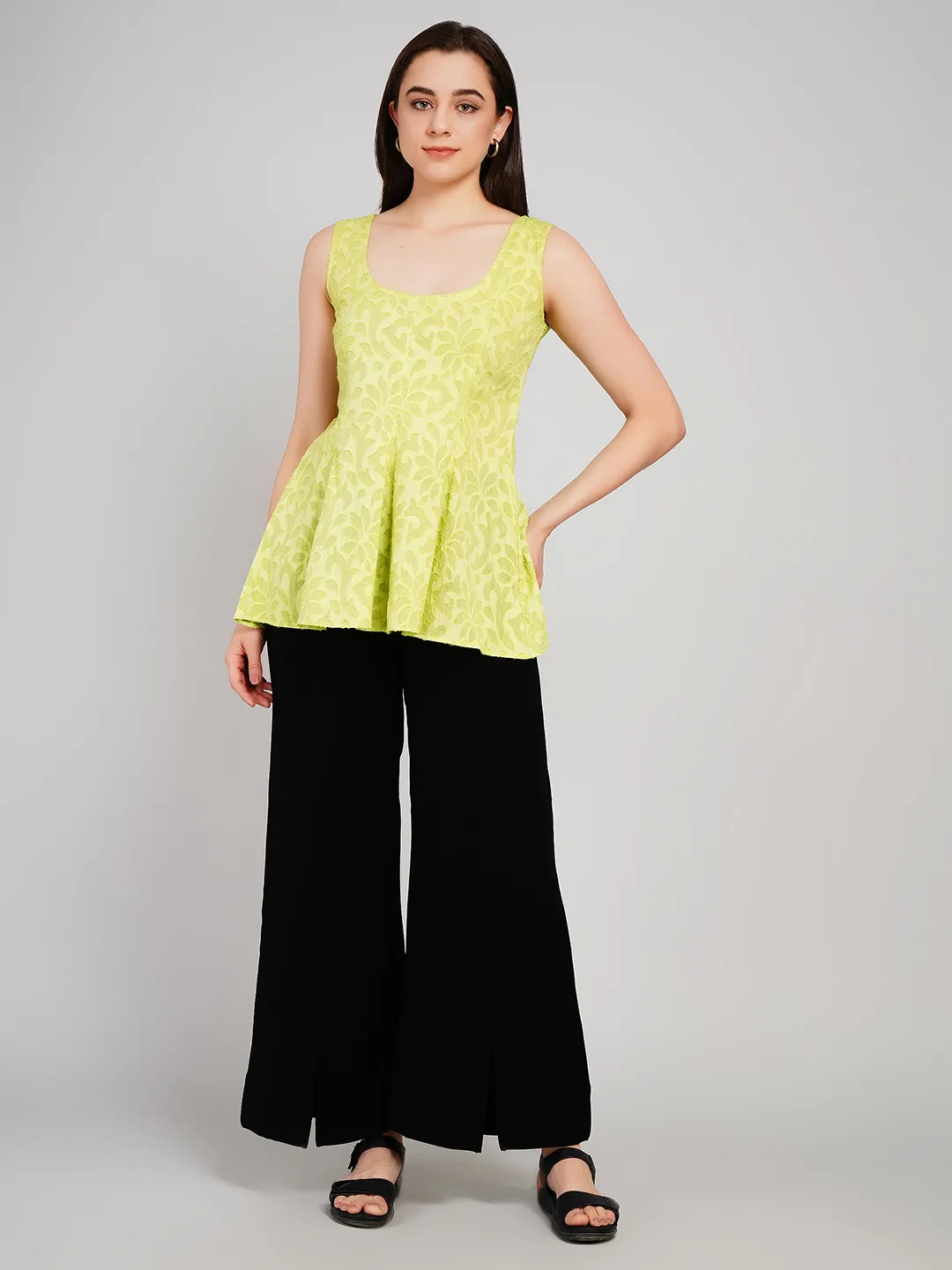 Women Lime Green Floral Jacquard Sleeveless Tunic with Flared Hem