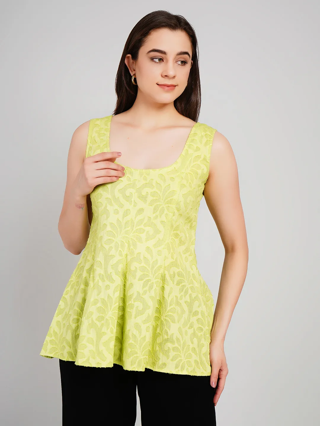 Women Lime Green Floral Jacquard Sleeveless Tunic with Flared Hem
