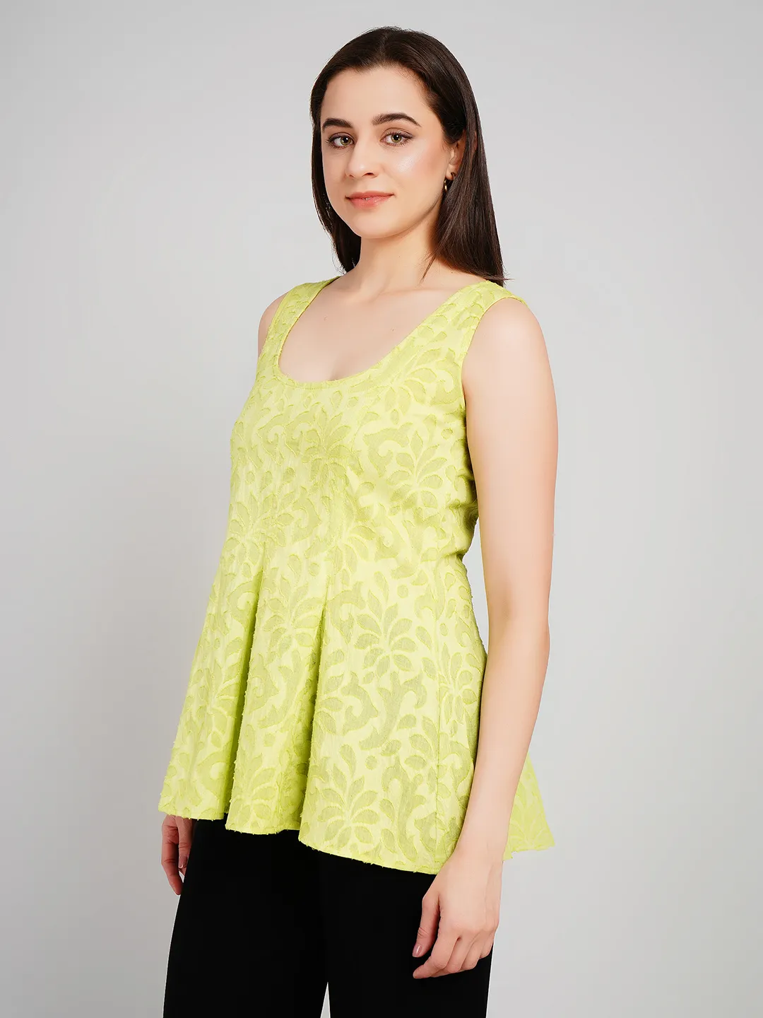 Women Lime Green Floral Jacquard Sleeveless Tunic with Flared Hem
