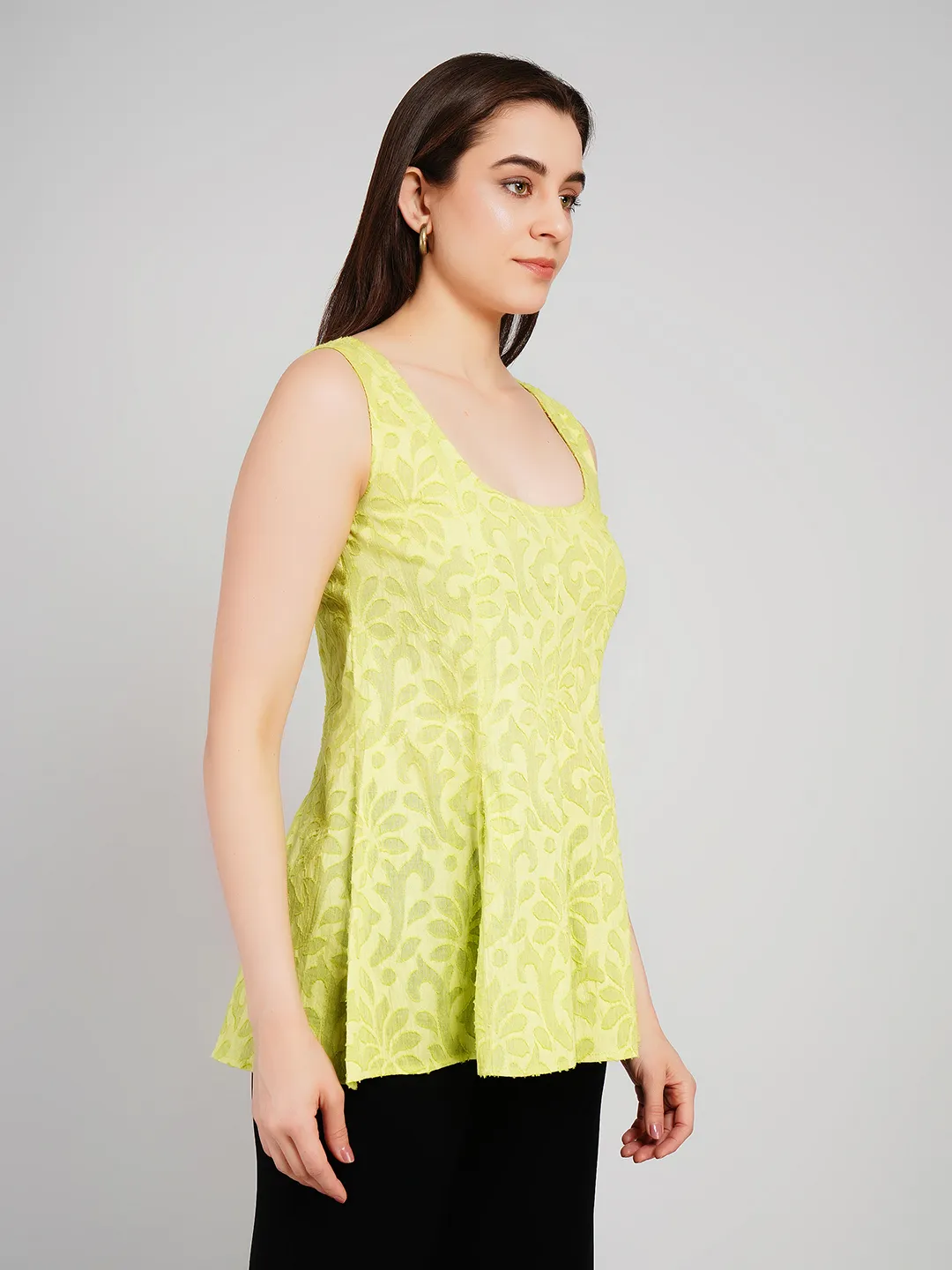 Women Lime Green Floral Jacquard Sleeveless Tunic with Flared Hem