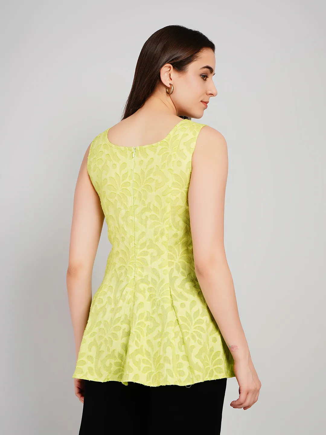 Women Lime Green Floral Jacquard Sleeveless Tunic with Flared Hem