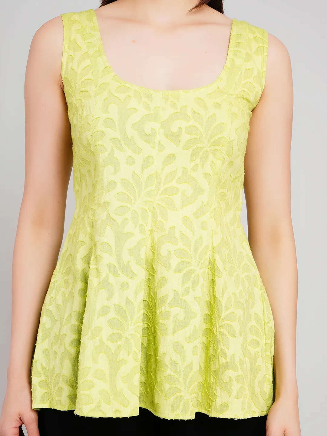 Women Lime Green Floral Jacquard Sleeveless Tunic with Flared Hem