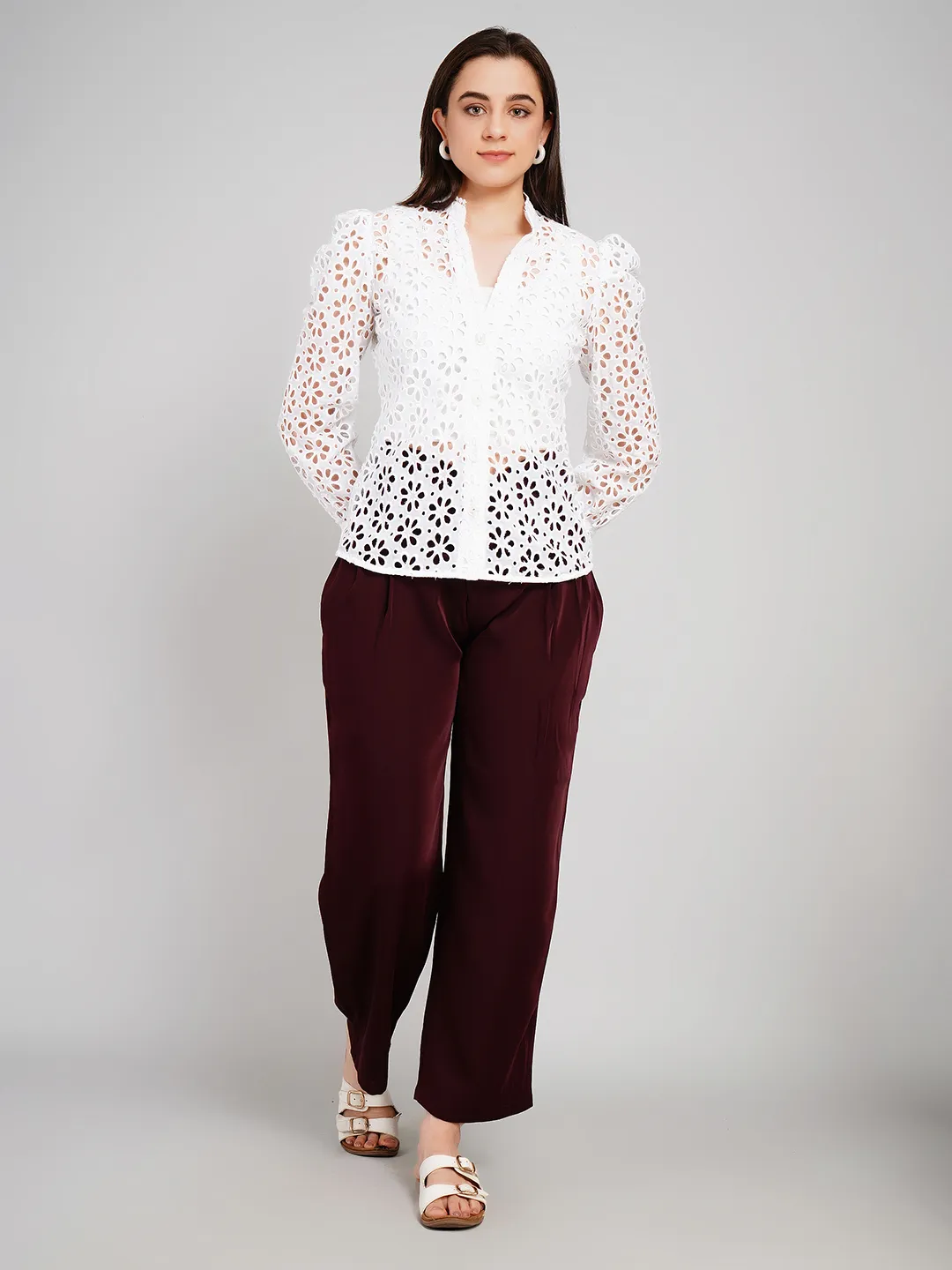 Women White Floral Schiffli Embroidered Shirt with Puff Sleeves