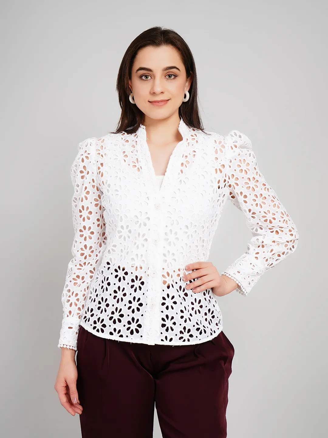 Women White Floral Schiffli Embroidered Shirt with Puff Sleeves