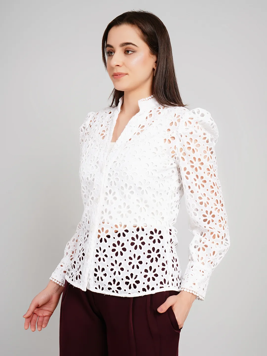 Women White Floral Schiffli Embroidered Shirt with Puff Sleeves
