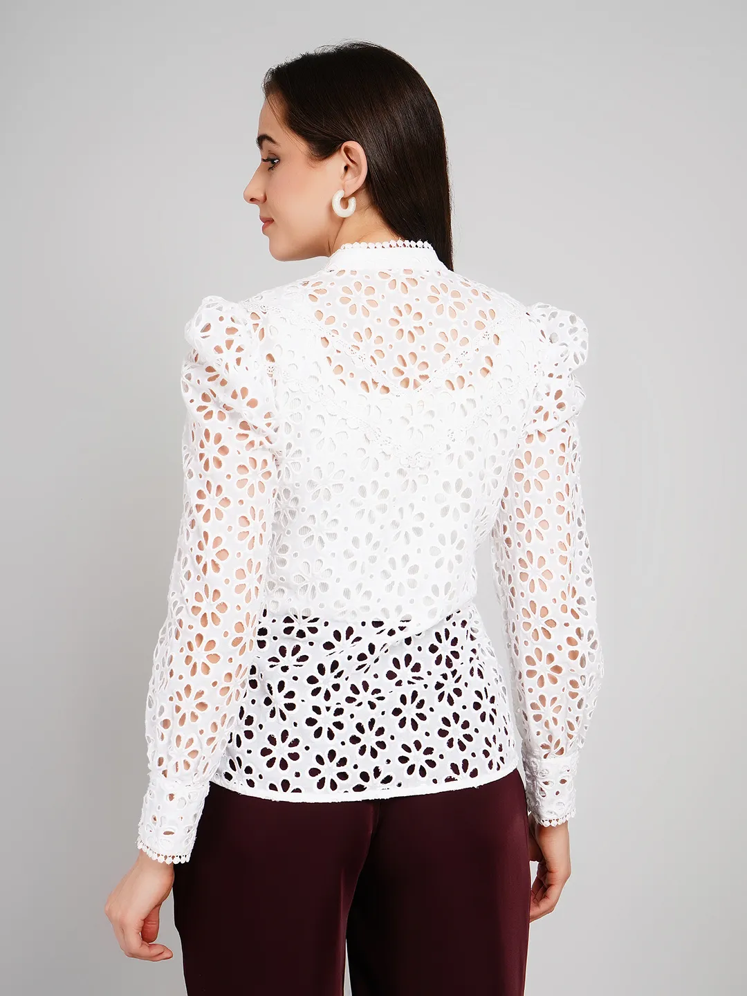 Women White Floral Schiffli Embroidered Shirt with Puff Sleeves
