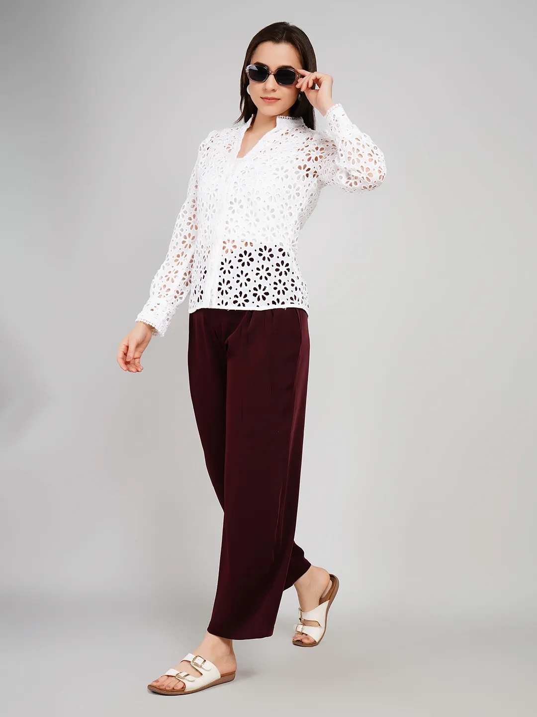 Women White Floral Schiffli Embroidered Shirt with Puff Sleeves
