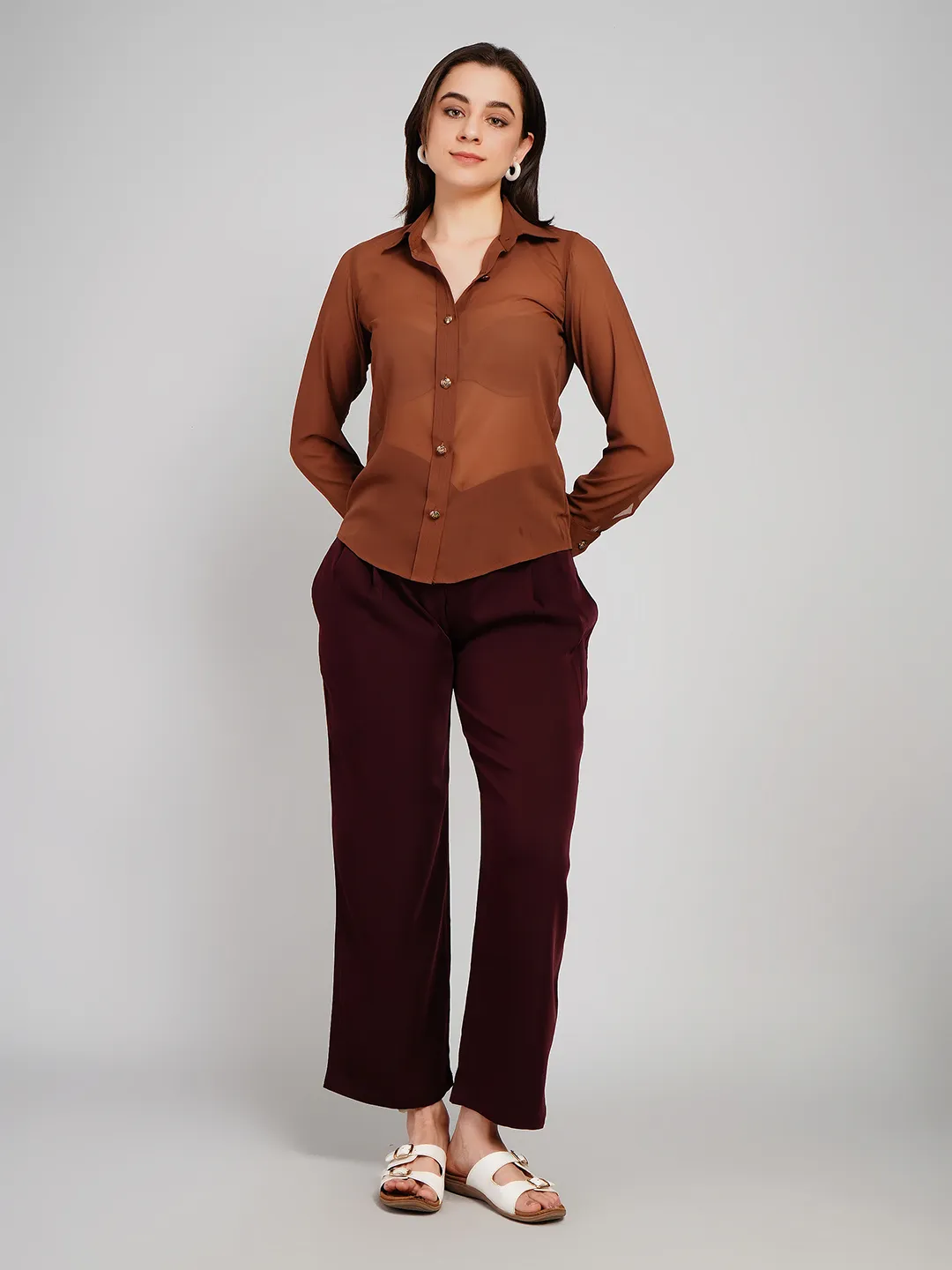 Women Cinnamon Brown Semi-Sheer Shirt with Embossed Metallic Buttons