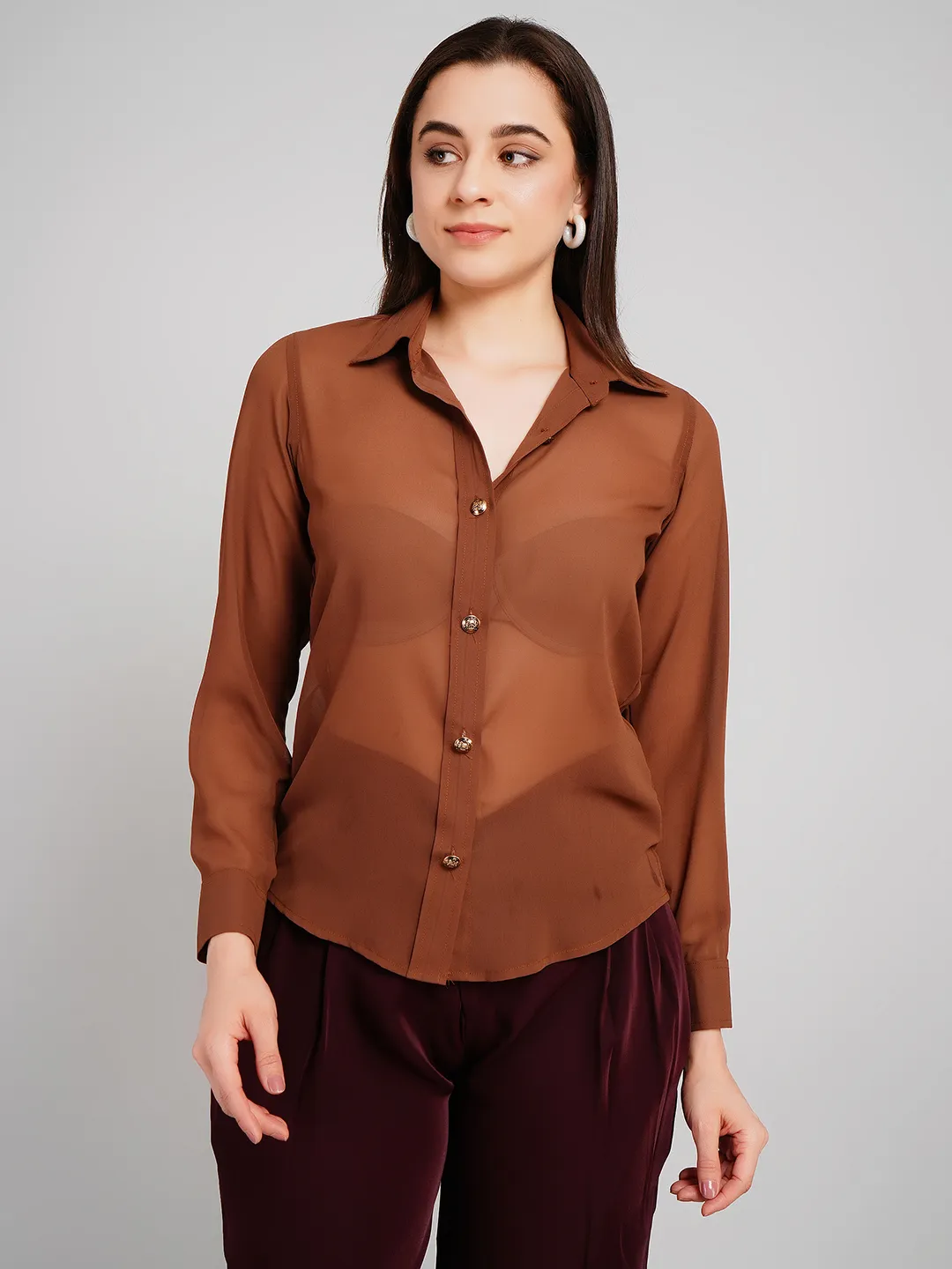 Women Cinnamon Brown Semi-Sheer Shirt with Embossed Metallic Buttons