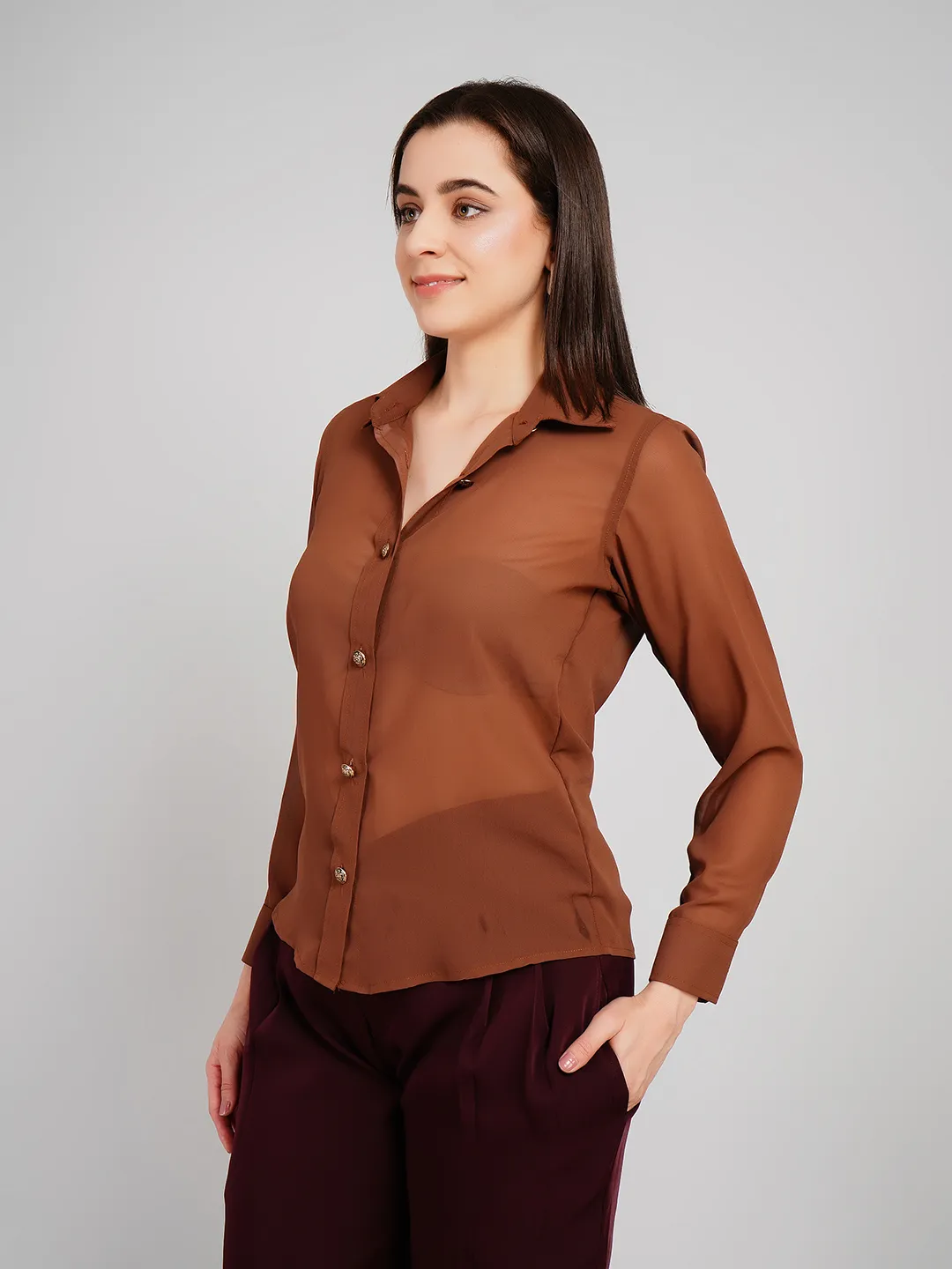 Women Cinnamon Brown Semi-Sheer Shirt with Embossed Metallic Buttons