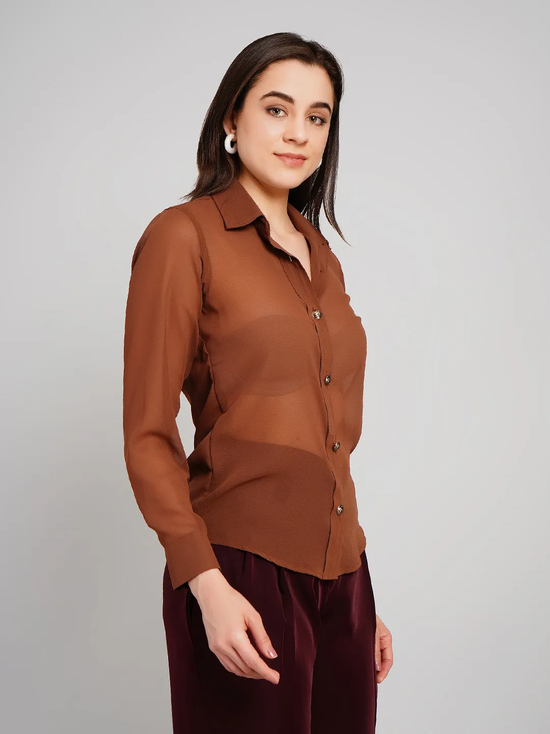 Women Cinnamon Brown Semi-Sheer Shirt with Embossed Metallic Buttons