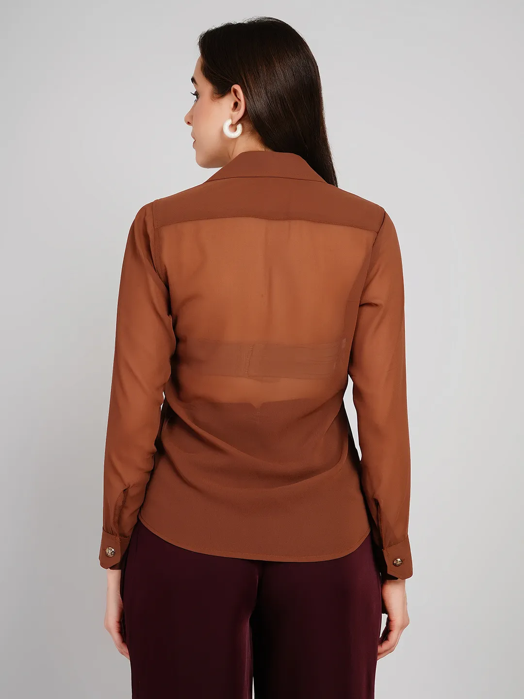 Women Cinnamon Brown Semi-Sheer Shirt with Embossed Metallic Buttons