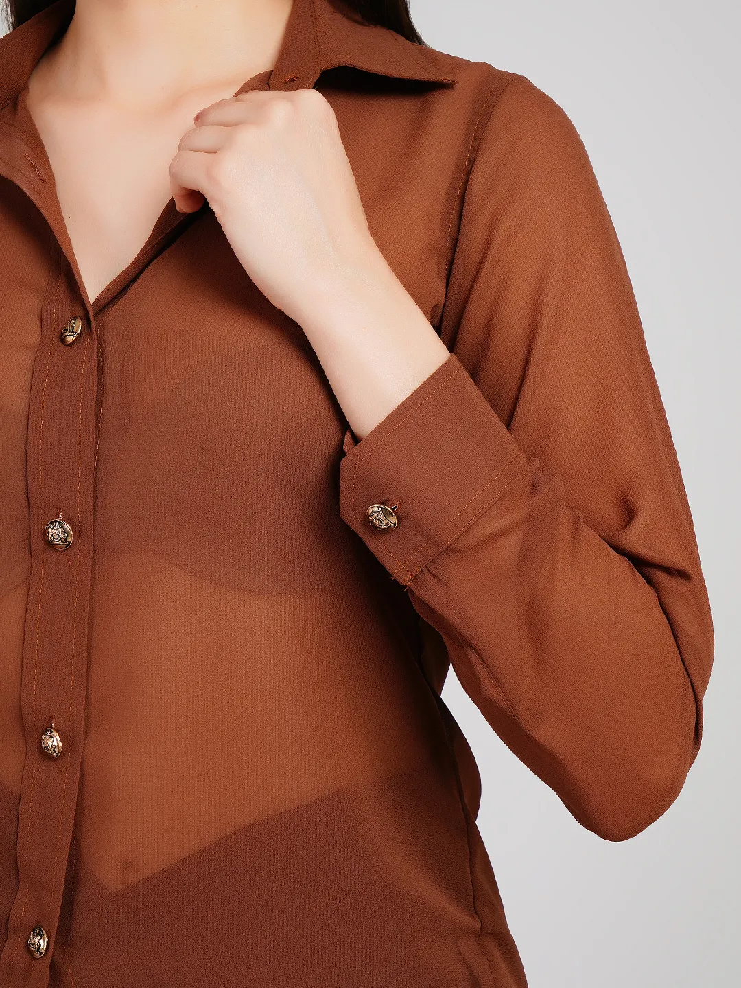 Women Cinnamon Brown Semi-Sheer Shirt with Embossed Metallic Buttons