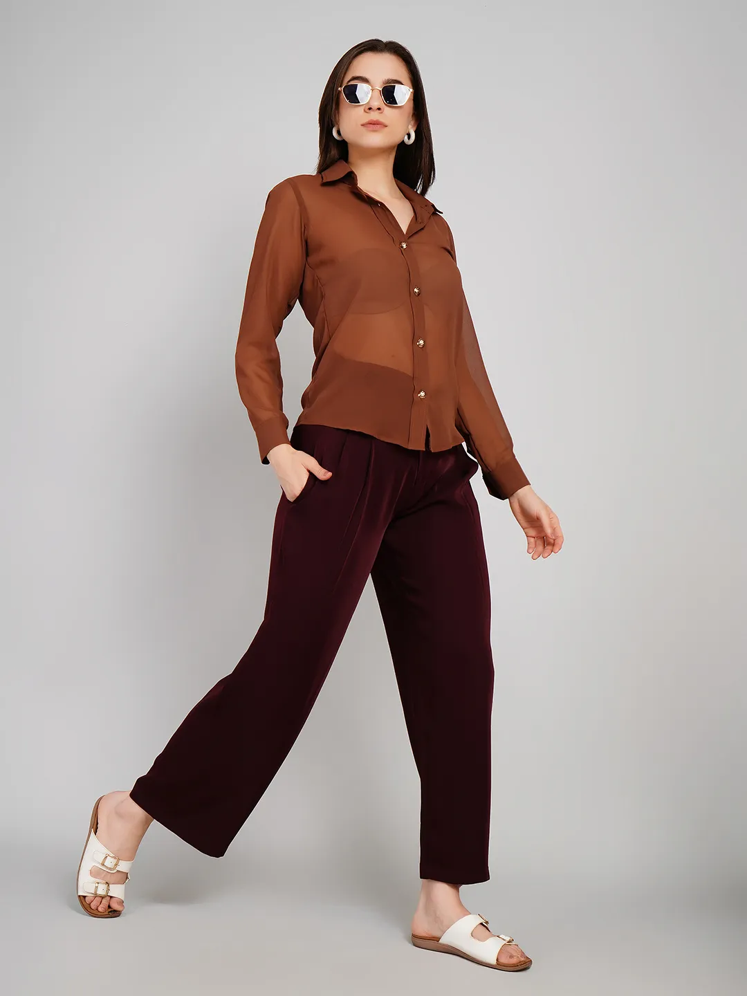 Women Cinnamon Brown Semi-Sheer Shirt with Embossed Metallic Buttons