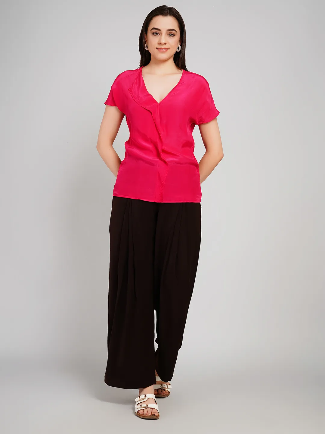 Women Fuchsia Pink Satin-Finish Top with Asymmetric Lapel V-Neck
