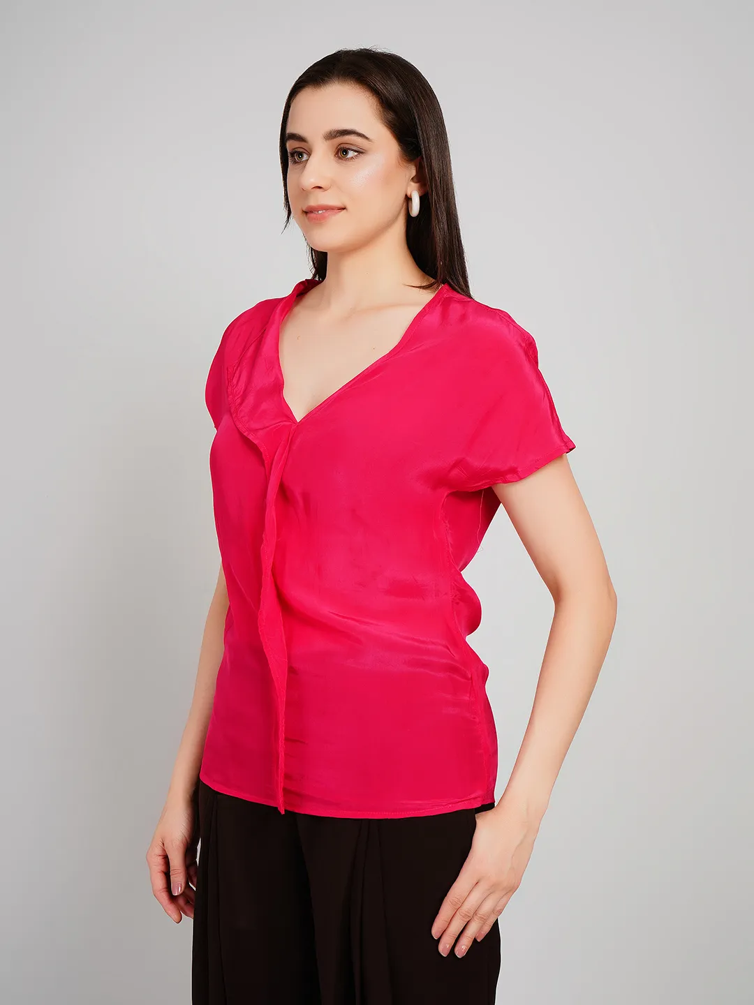 Women Fuchsia Pink Satin-Finish Top with Asymmetric Lapel V-Neck