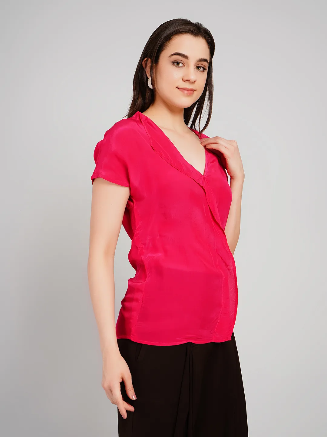 Women Fuchsia Pink Satin-Finish Top with Asymmetric Lapel V-Neck