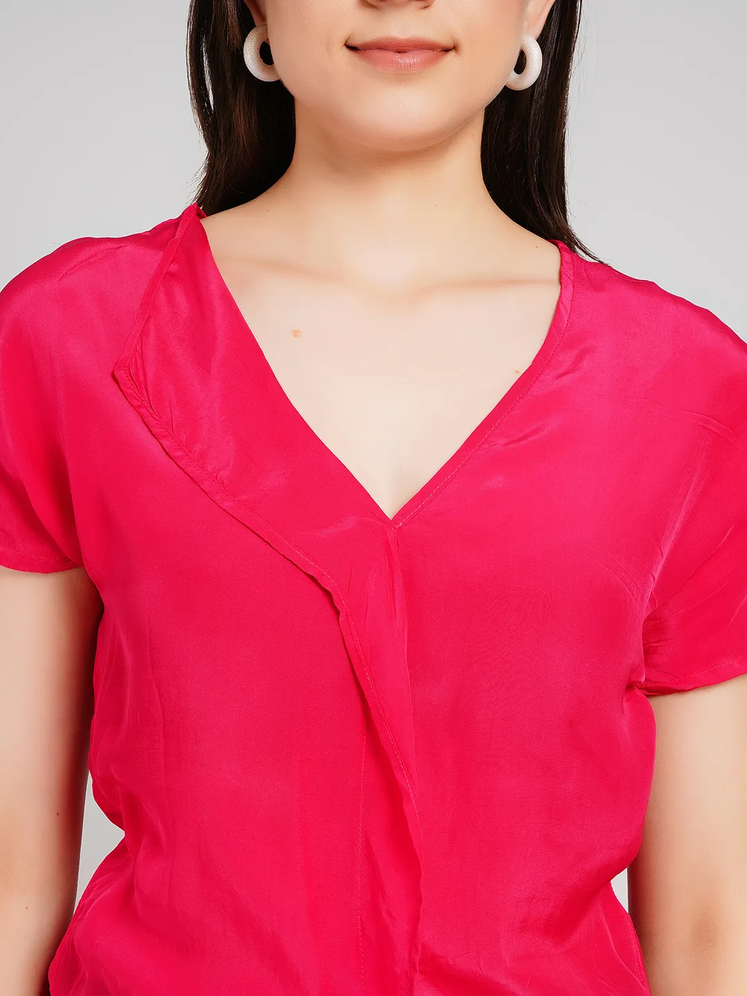 Women Fuchsia Pink Satin-Finish Top with Asymmetric Lapel V-Neck