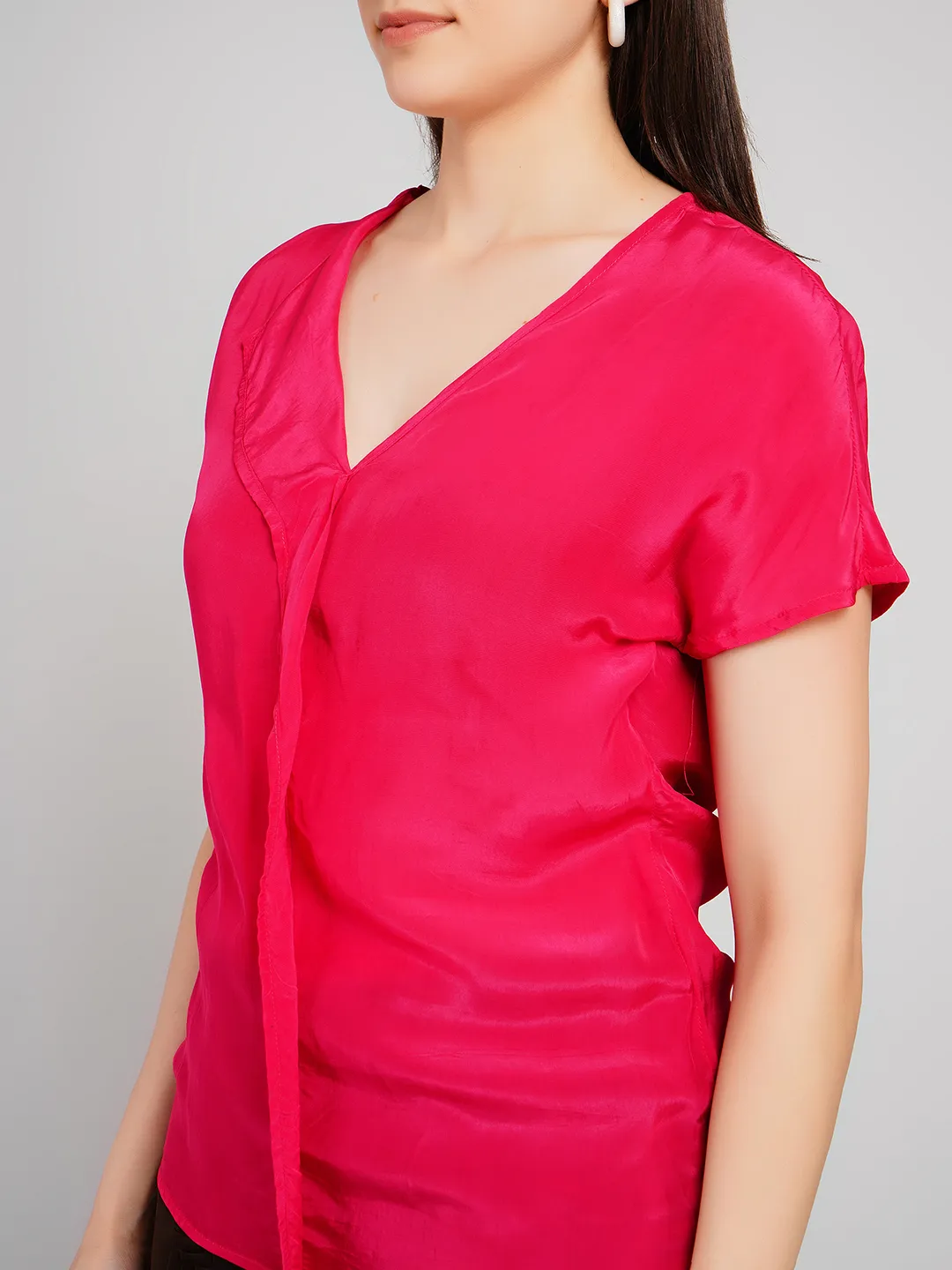 Women Fuchsia Pink Satin-Finish Top with Asymmetric Lapel V-Neck