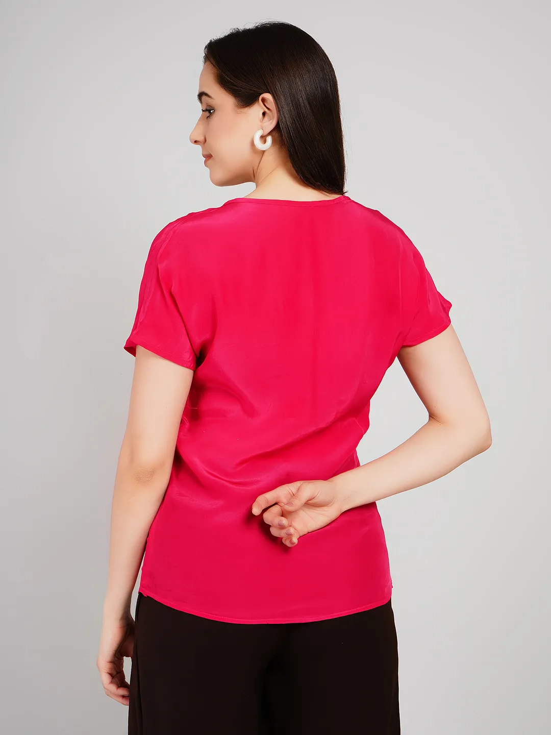 Women Fuchsia Pink Satin-Finish Top with Asymmetric Lapel V-Neck