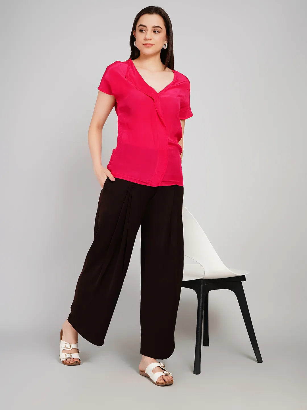 Women Fuchsia Pink Satin-Finish Top with Asymmetric Lapel V-Neck