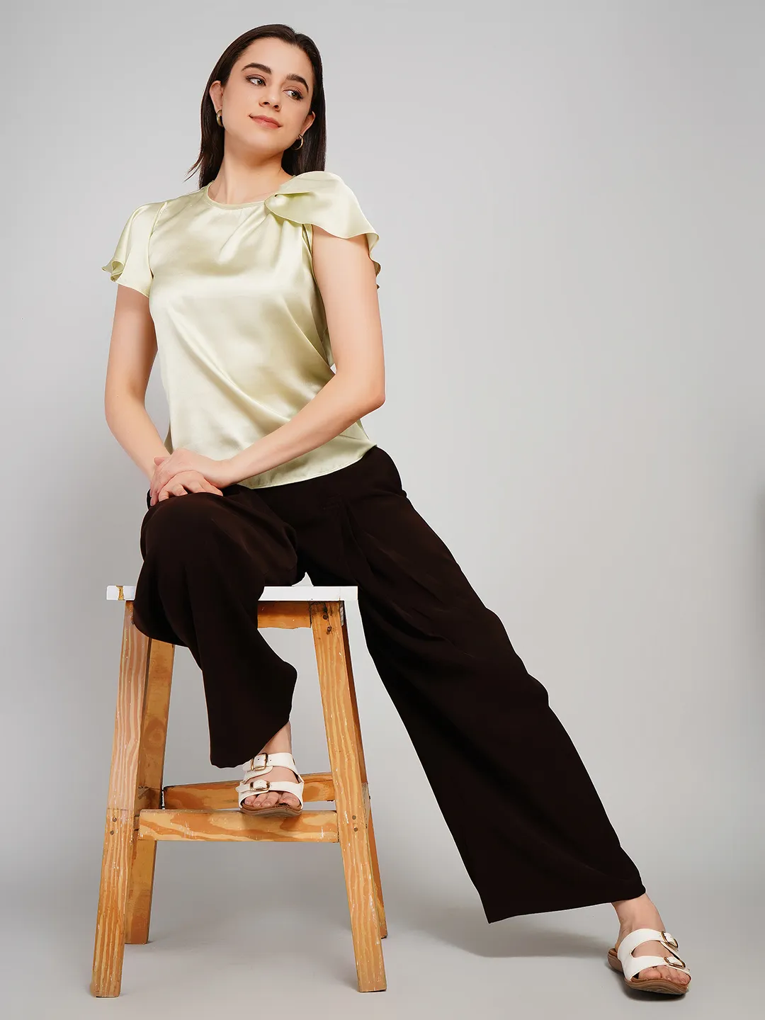 Women Olive Satin Flutter Sleeve Top with Bow Detail
