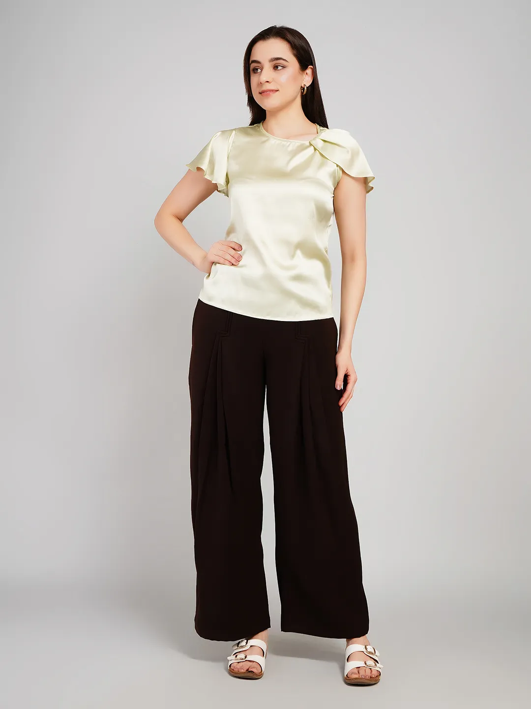 Women Olive Satin Flutter Sleeve Top with Bow Detail