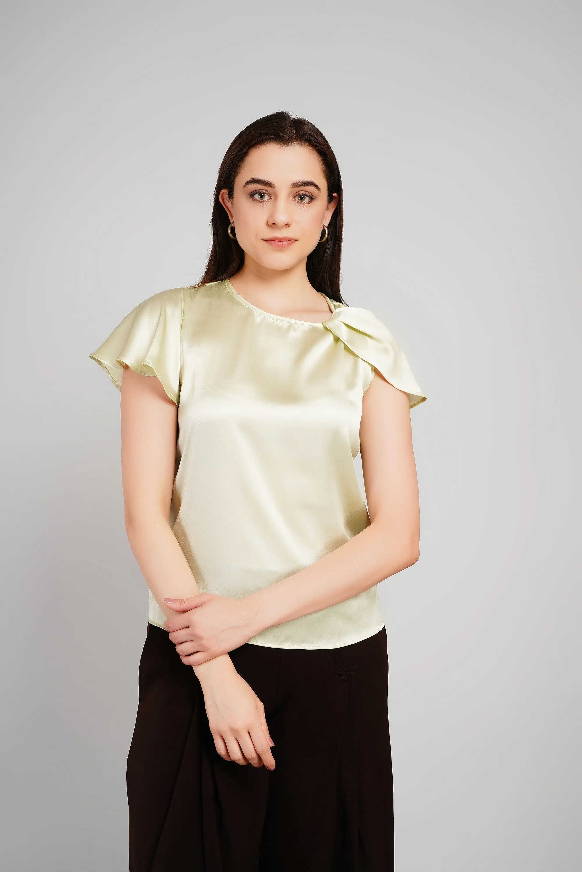 Women Olive Satin Flutter Sleeve Top with Bow Detail