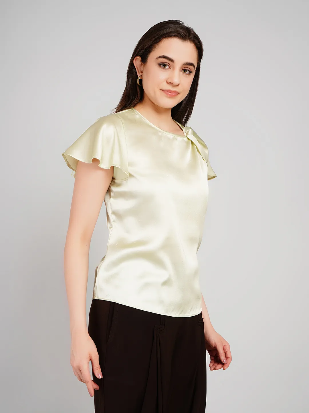 Women Olive Satin Flutter Sleeve Top with Bow Detail