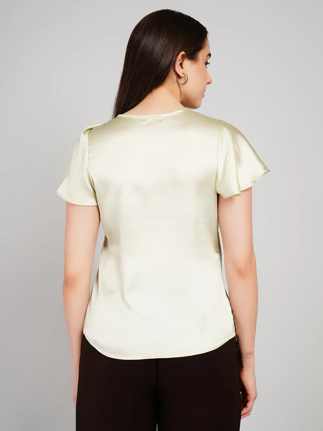 Women Olive Satin Flutter Sleeve Top with Bow Detail