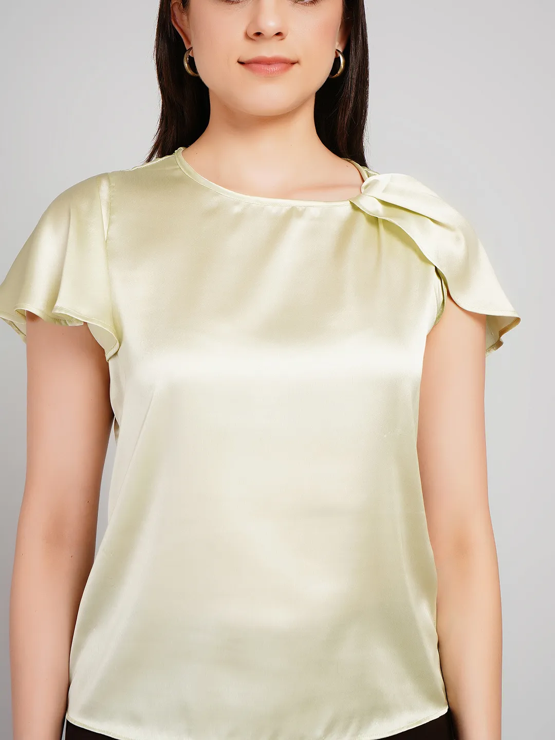 Women Olive Satin Flutter Sleeve Top with Bow Detail