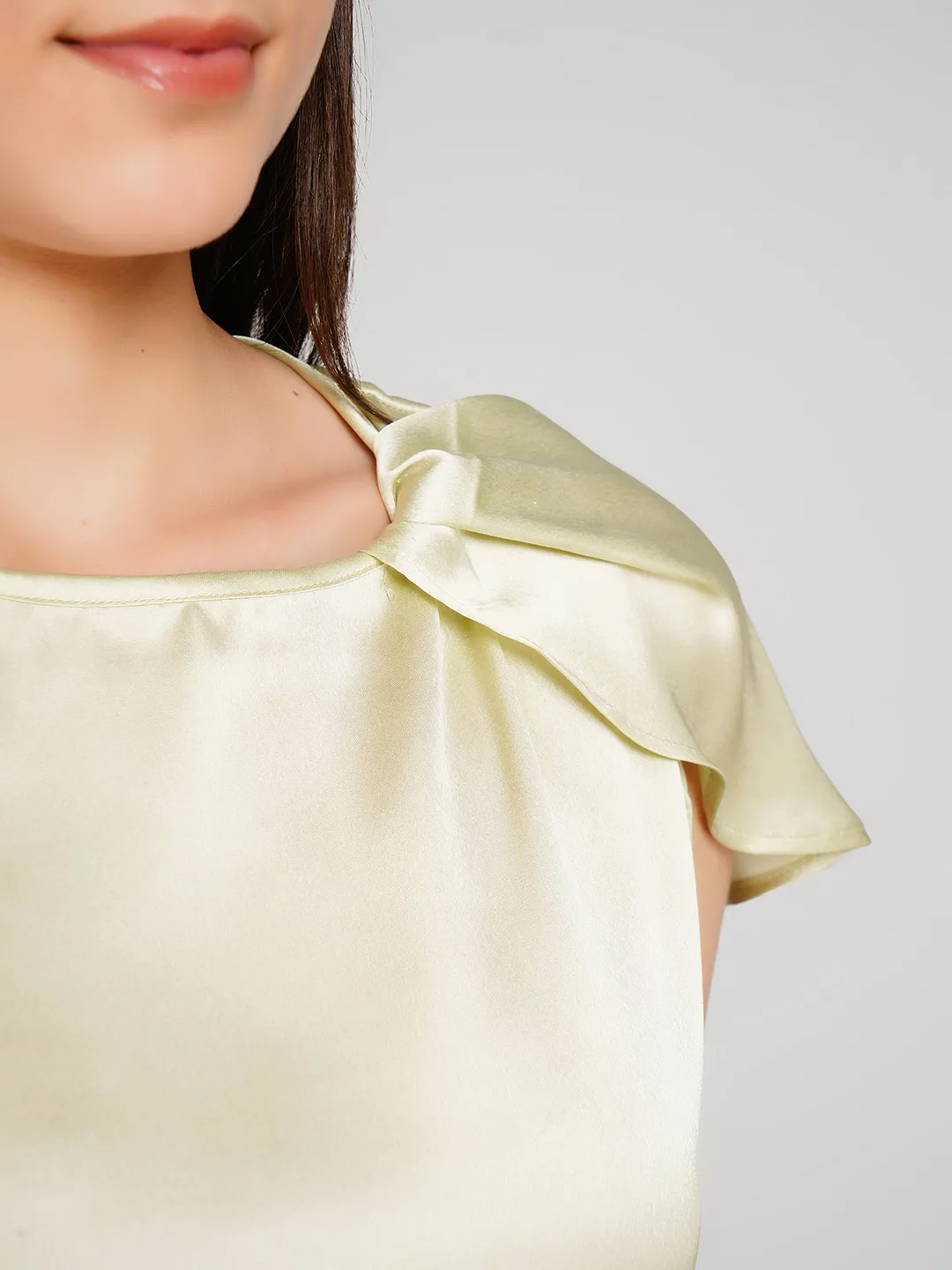 Women Olive Satin Flutter Sleeve Top with Bow Detail