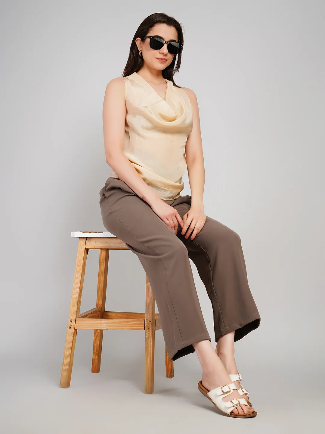 Women Champagne Satin-Finish Sleeveless Top with Cowl Neckline