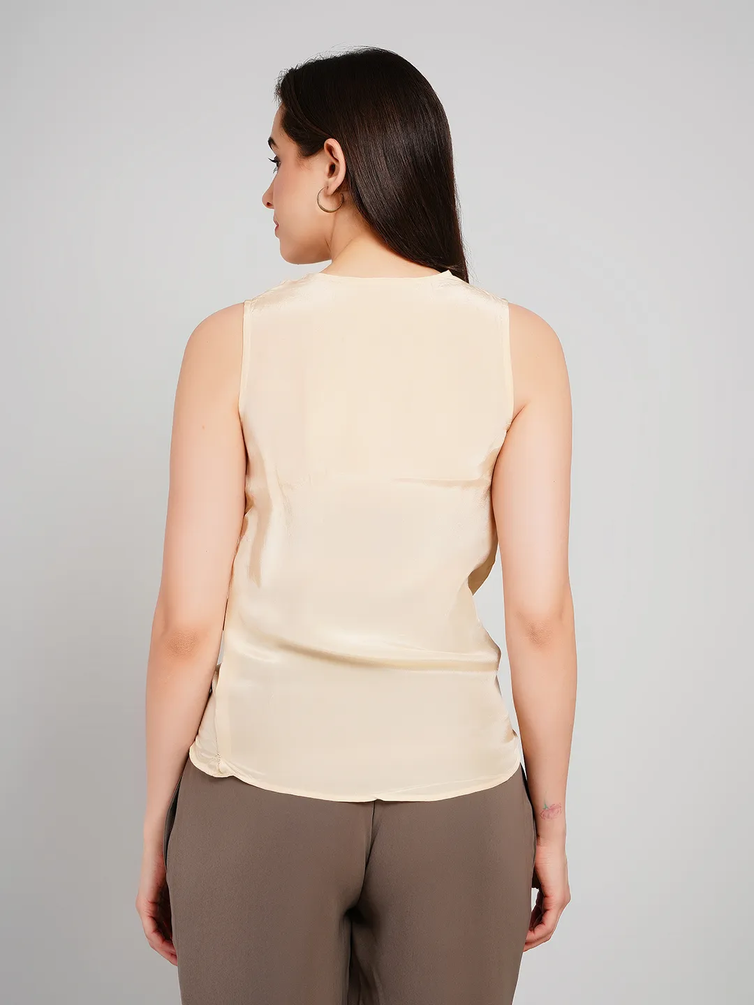 Women Champagne Satin-Finish Sleeveless Top with Cowl Neckline