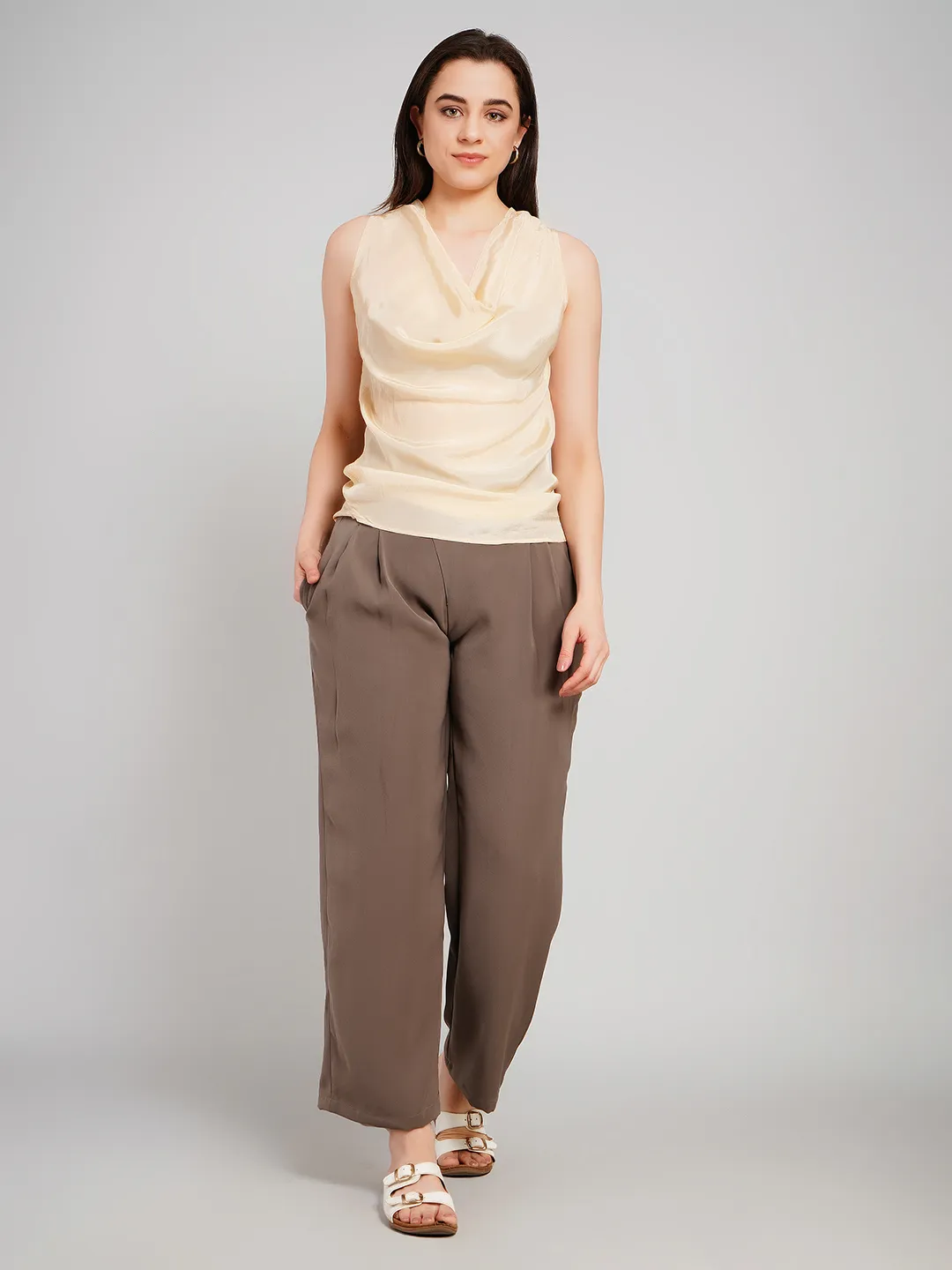 Women Champagne Satin-Finish Sleeveless Top with Cowl Neckline