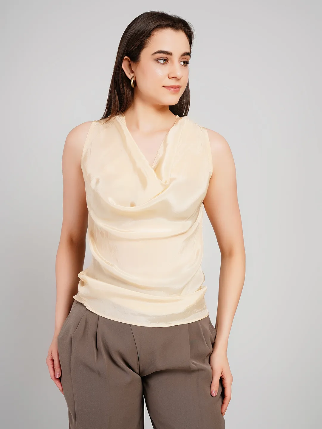 Women Champagne Satin-Finish Sleeveless Top with Cowl Neckline