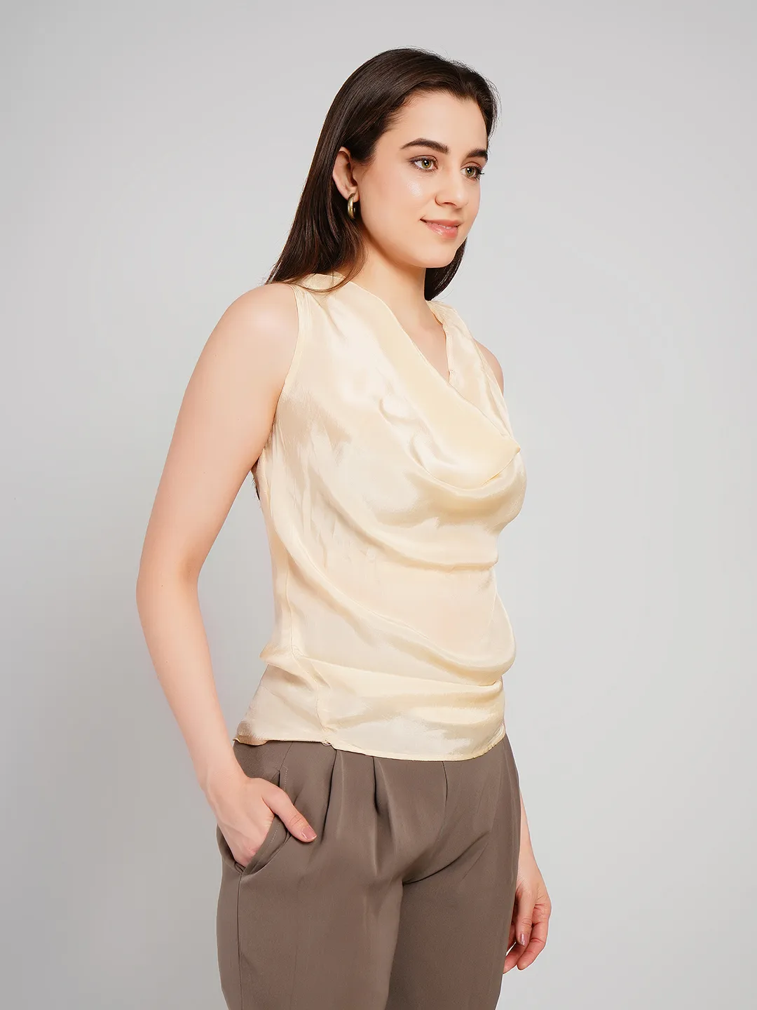 Women Champagne Satin-Finish Sleeveless Top with Cowl Neckline