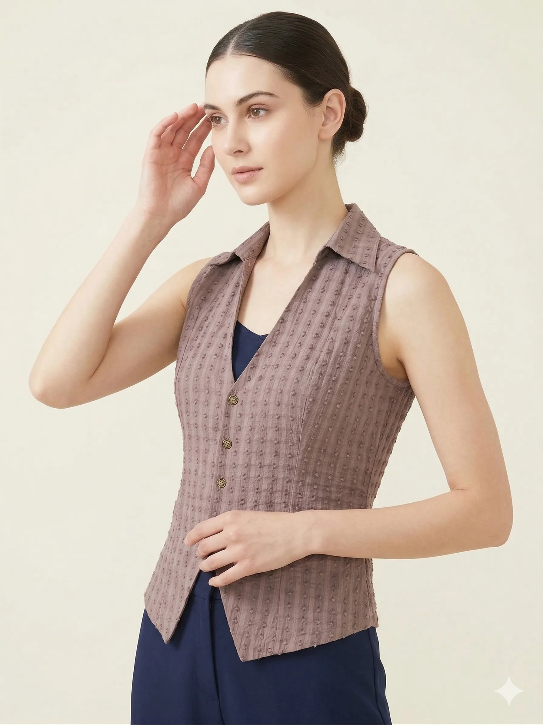 Women Mauve Dobby Printed Sleeveless Top with Asymmetric Hem