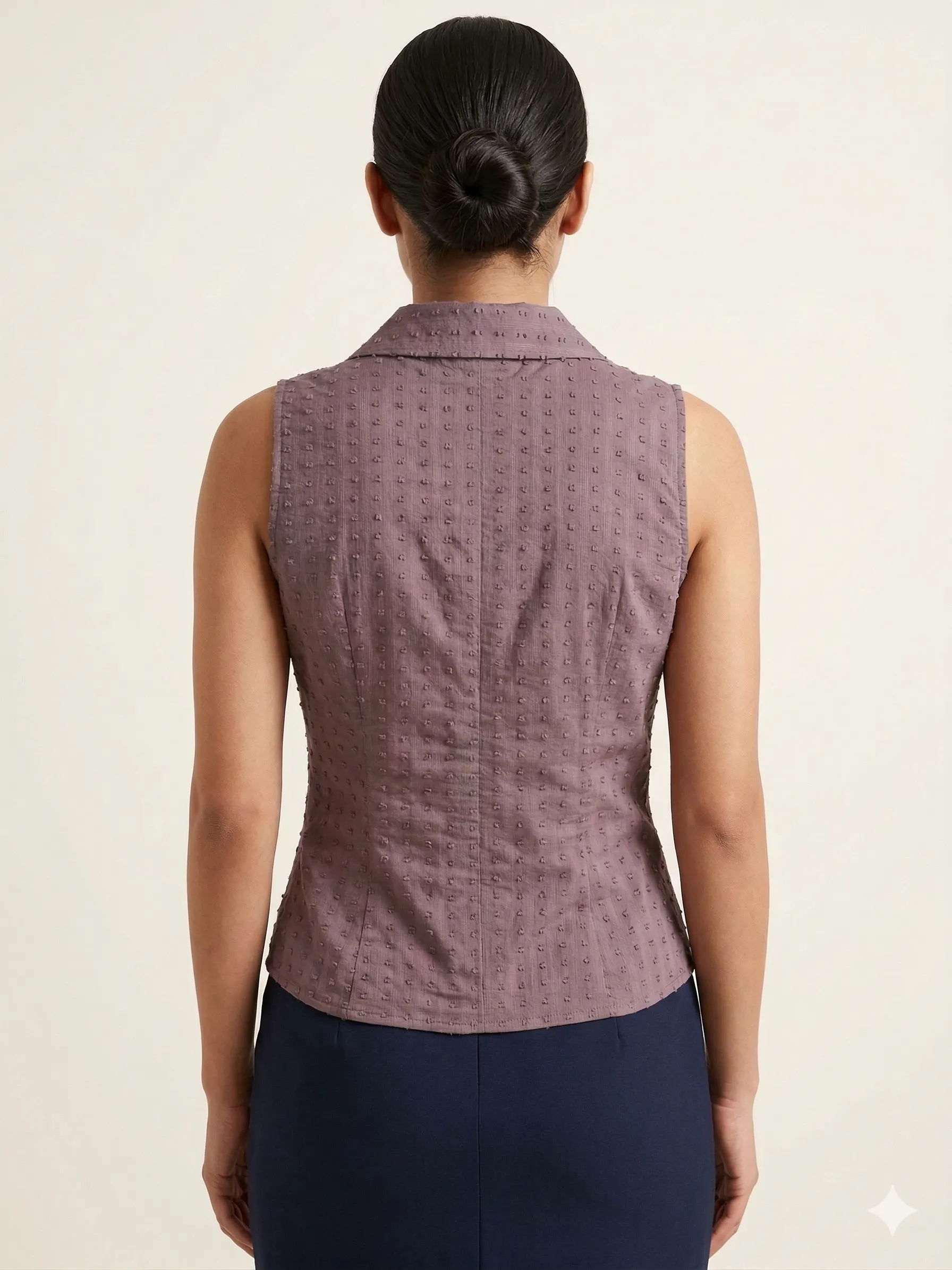 Women Mauve Dobby Printed Sleeveless Top with Asymmetric Hem
