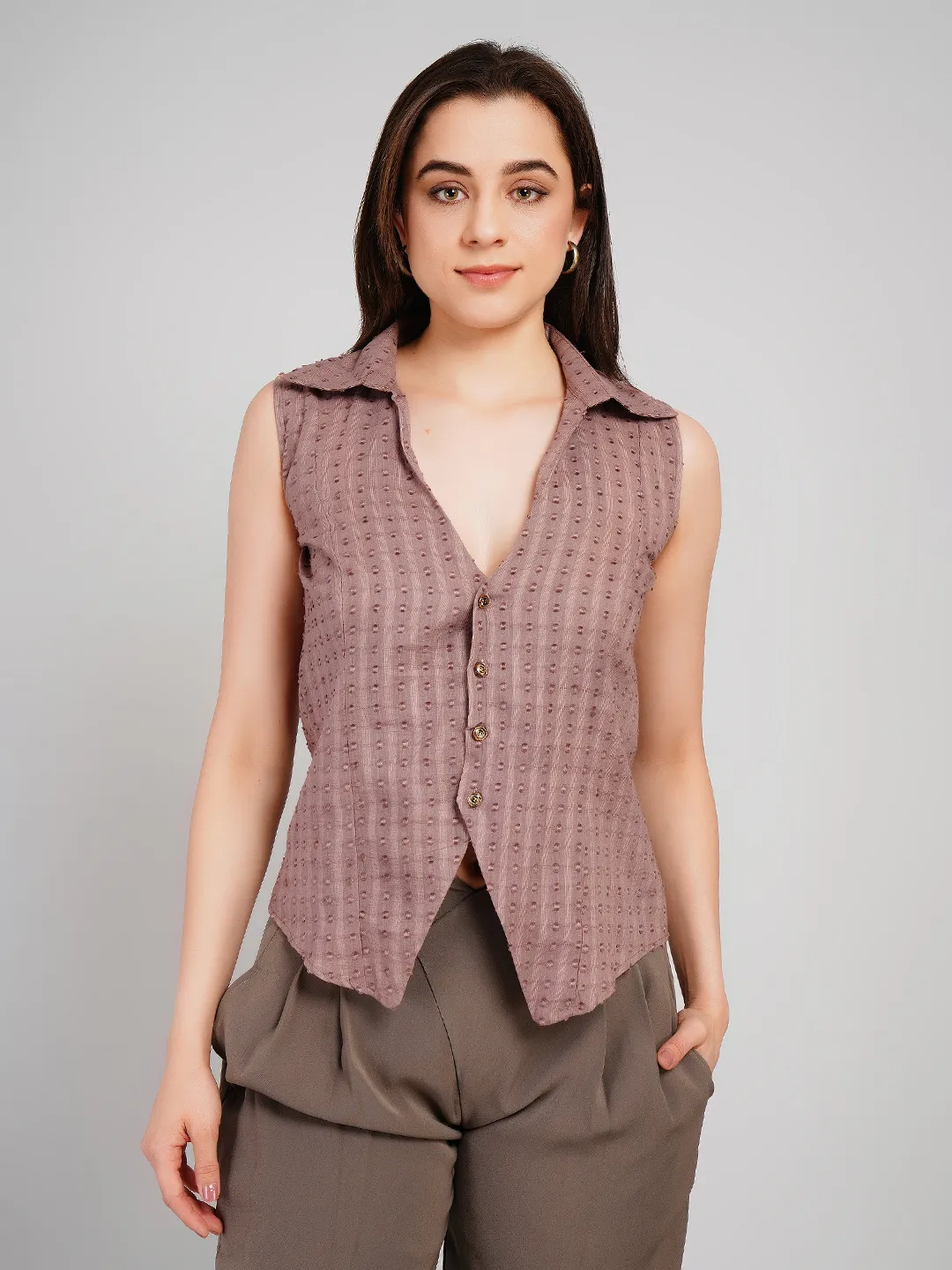 Women Mauve Dobby Printed Sleeveless Top with Asymmetric Hem