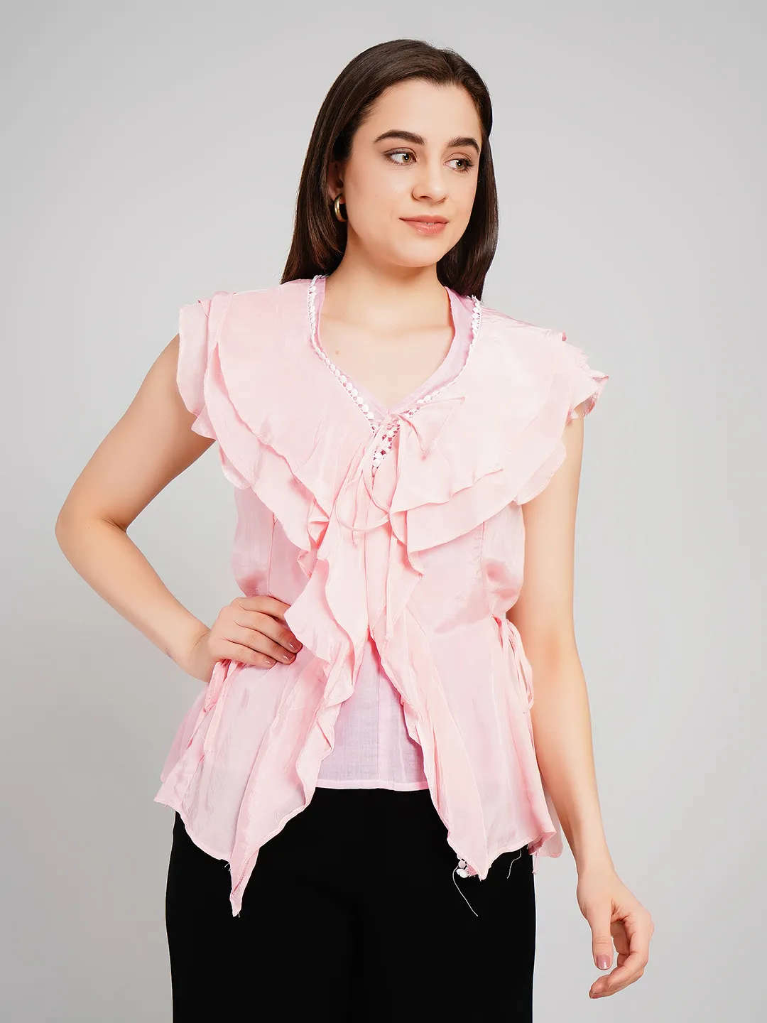 Women Pink Sleeveless Peplum Top with Draped Ruffles and Tie-Up Detail