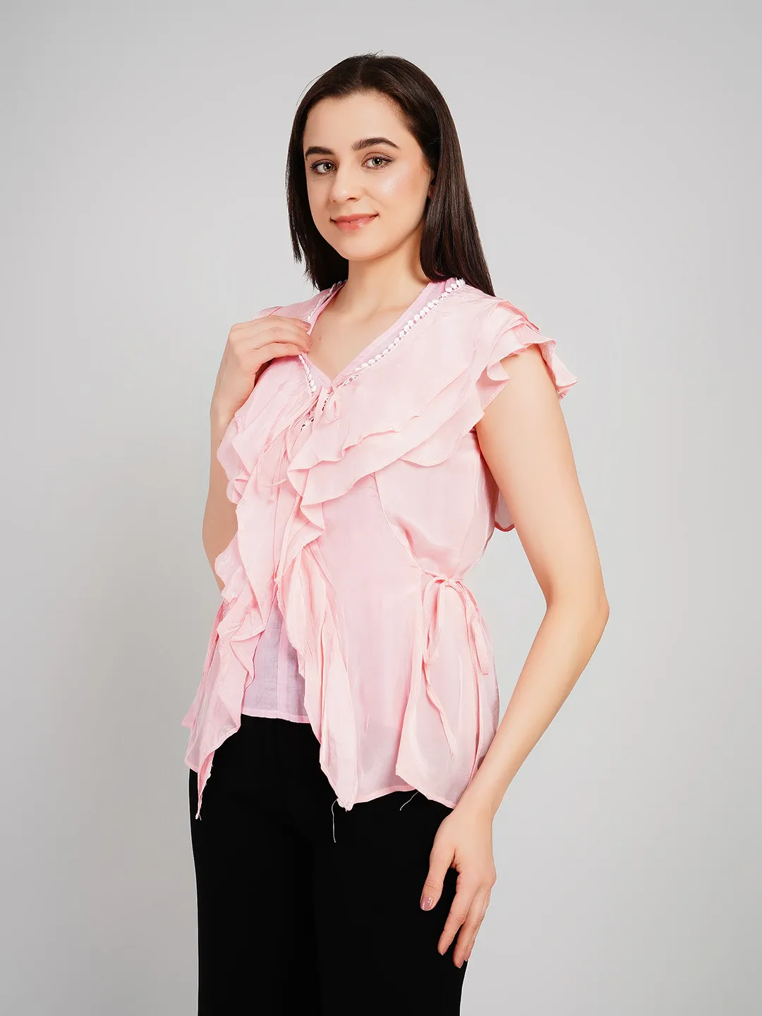 Women Pink Sleeveless Peplum Top with Draped Ruffles and Tie-Up Detail