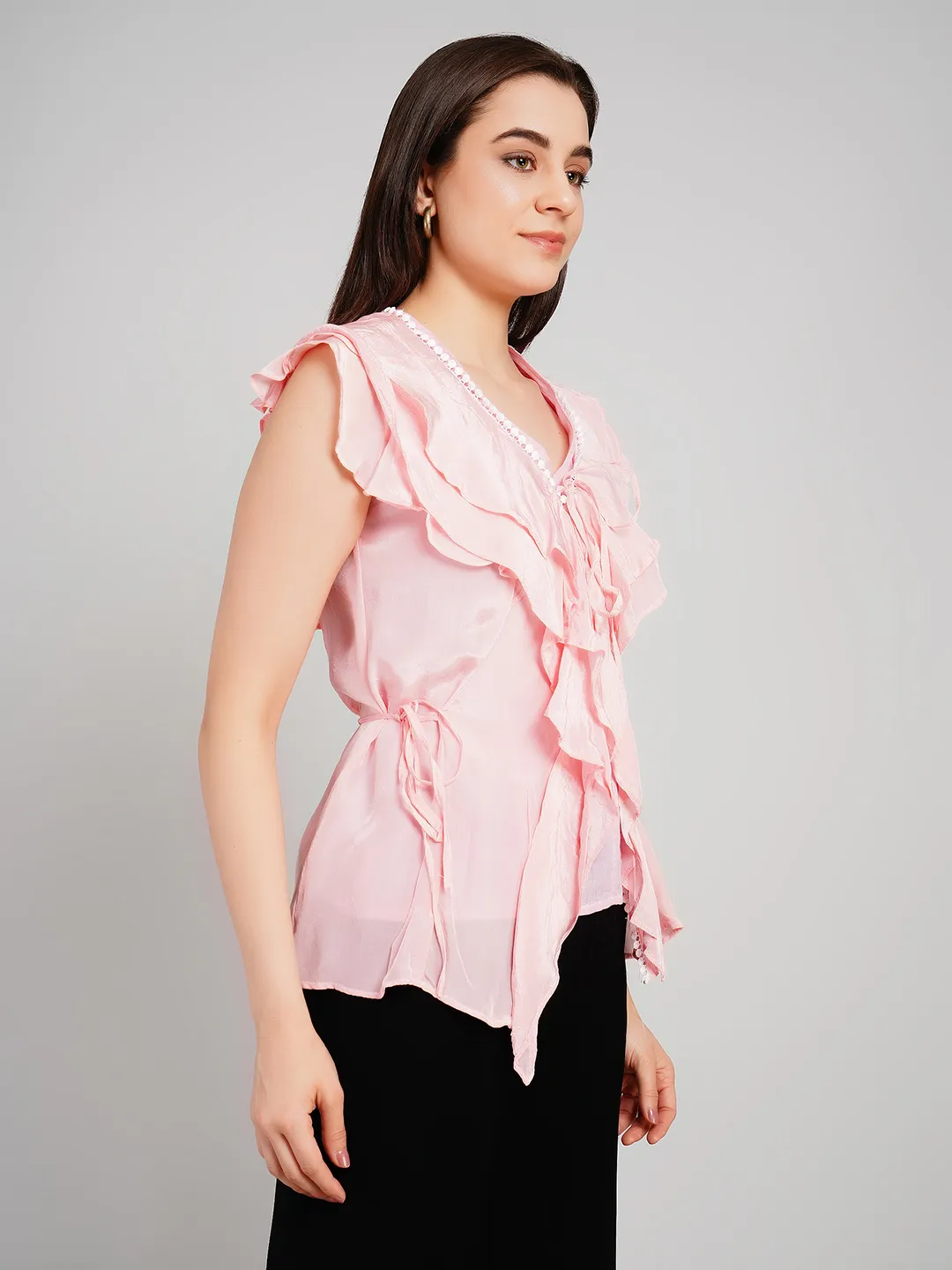 Women Pink Sleeveless Peplum Top with Draped Ruffles and Tie-Up Detail